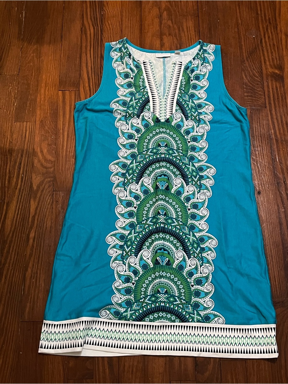 New York & Company Teal Sleeveless Tunic with Green and White Engineered Print